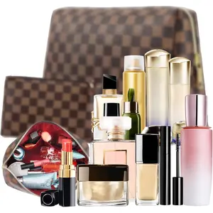 2 Pack Makeup Bag Set for Women, Large Brown Leather Cosmetic Bag + Small Zipper Pouch, Water-Resistant Travel Toiletry Organizer with Smooth Metal Zipper, Stylish Storage for Daily Use & Gift