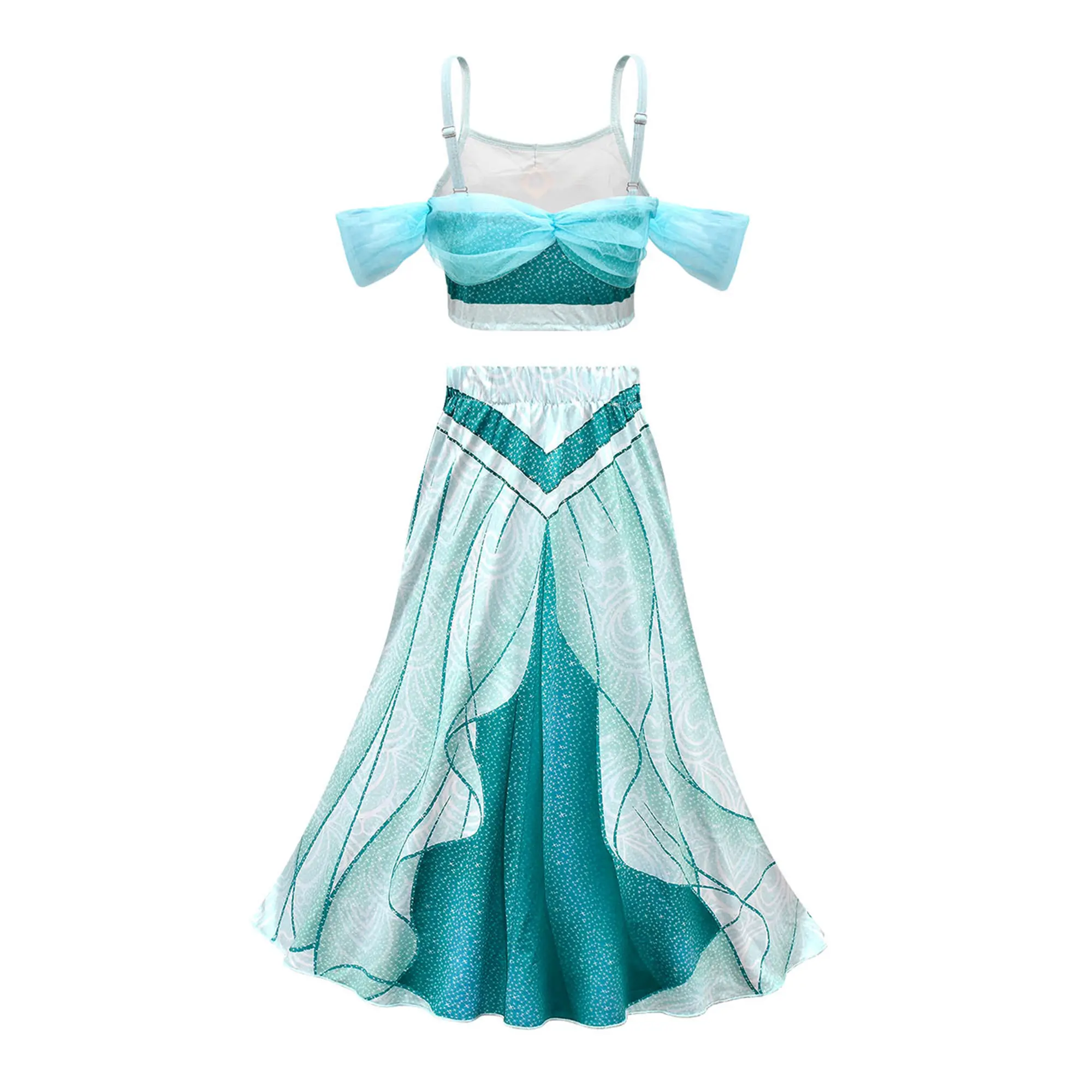 Princess 2 Pieces Costume Set, Jasmine Halloween Costume ,Off Shoulder Mesh Crop Top & Long Flowy Maxi Skirt, Girls Jasmine Party Dress Outfit for Halloween Cosplay Birthday Themed Party