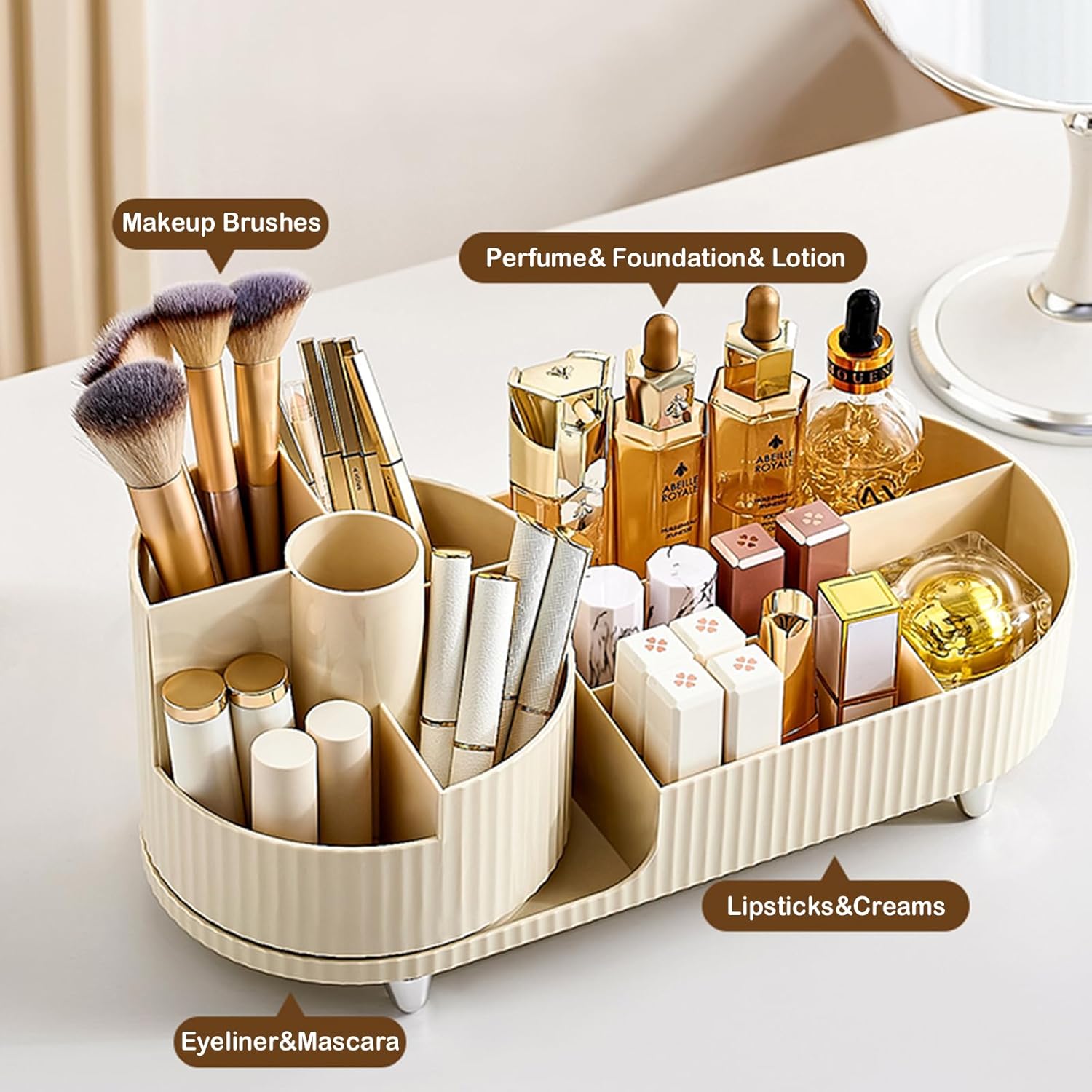 Makeup Organizer Countertop Rotating Makeup Organizer for Vanity Large Capacity Cosmetic Display Case with Makeup Brush Holder Cosmetic Organizer Countertop（Cream）