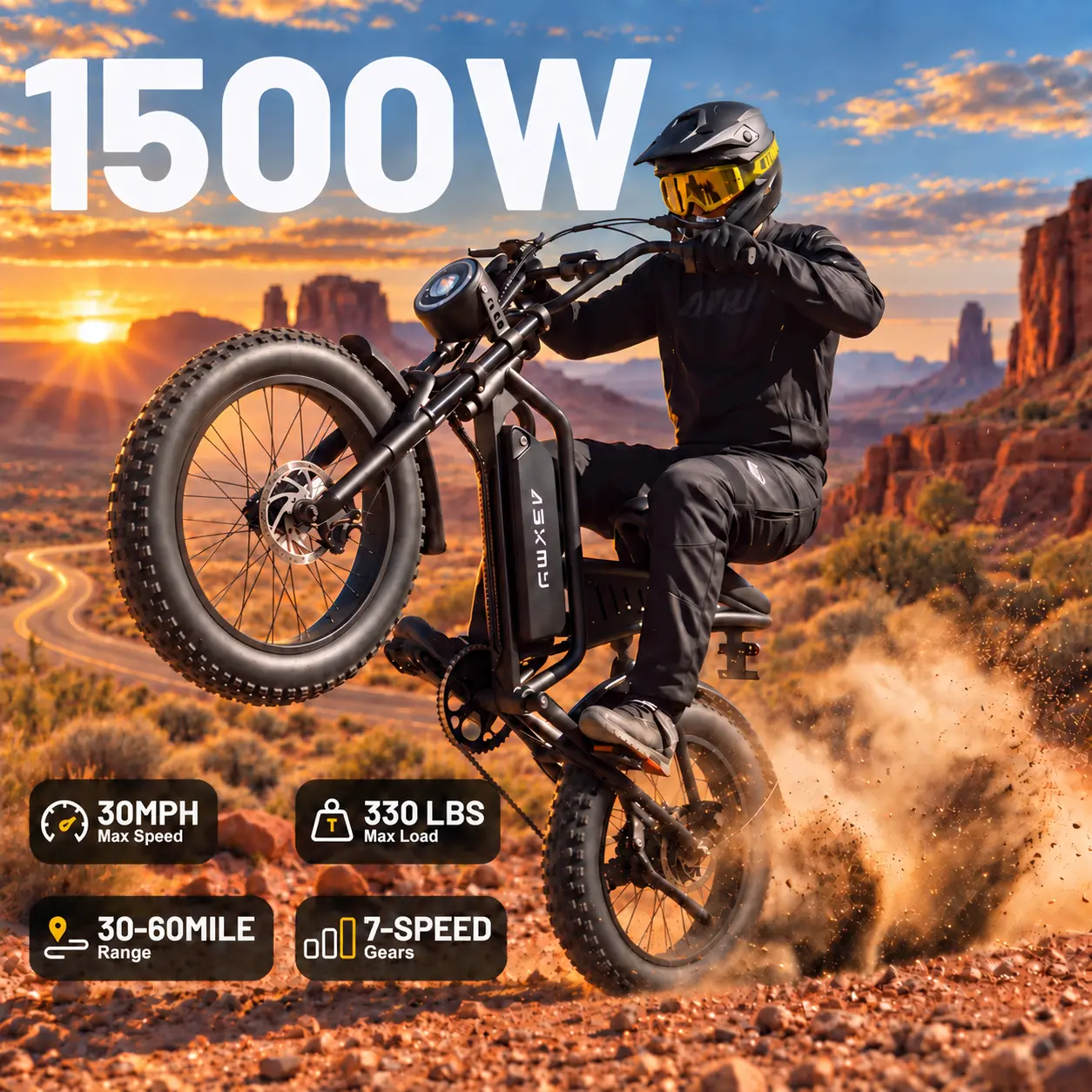 E500 Electric Bike, 1500W Peak Power, 30–60 Miles Range, equipped with 20×4.0-inch Fat Tires, a Top Speed of 30 MPH, 48V 15.6Ah Removable Battery, 7-Speed Gear System, LCD Display, and Front Suspension. Designed for adult commuting and mountain riding.