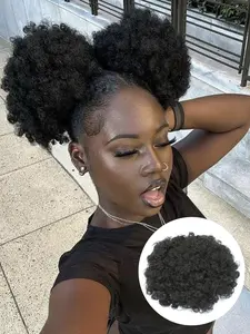 8-Inch Fluffy Afro Drawstring Ponytail Wig—Available in Black or Brown (60g). This short, synthetic Afro-style ponytail features a clip-in design to create a voluminous, curly bun, making it perfect for occasions such as Halloween, Christmas, and more.