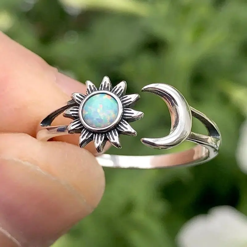 Synthetic Opal Bohemia Engrave Moon Sun Open Adjustable Rings Vintage Rings Jewelry for Women Daily Party Holiday Ring Accessories