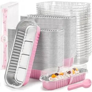 100 Pack Mini Loaf Pans with Lids Rectangle Individual Cake Pans Aluminum Foil Pans for Large Gatherings Picnics Vacations Parties(Pink, 6.8 OZ)