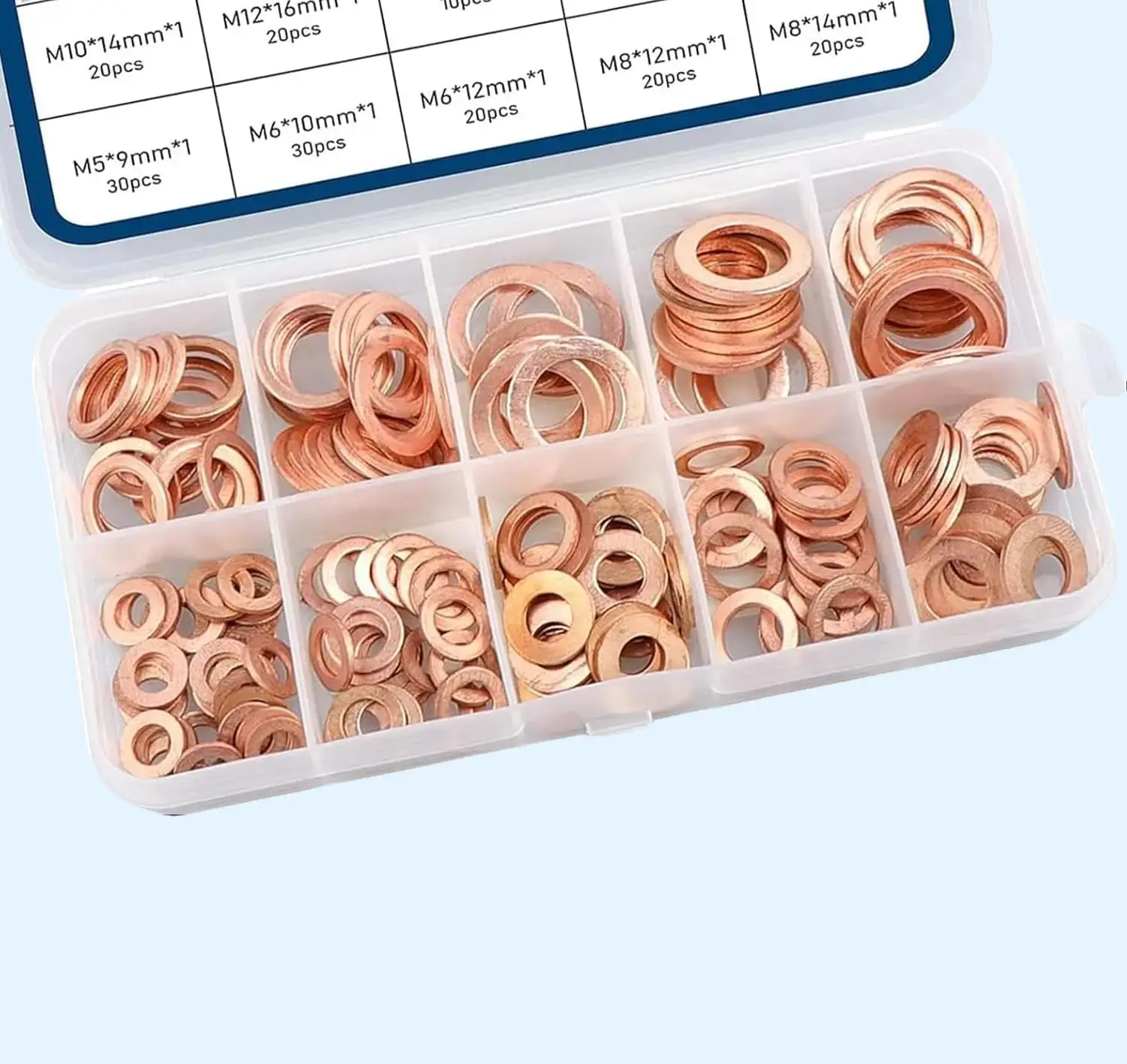 200 PCS Gold Automotive Tools Copper Crush Flat Washer Assortment Kit (9 Metric mm Sizes: M5, M6, M8, M12) - High Temp Res. Seals for Oil Pan Plugs, Most Cars