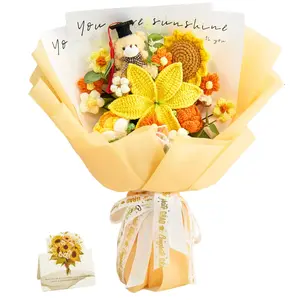 YShomy Graduation Bouquet, Graduation Gift, Handmade Crochet Flower Bouquet with Teddy Bear, Eco-Friendly Gift for Her Girlfriend, Gift for Him Boyfriend, Gift for Friend Classmate Includes Card Cotton Plants Yarn