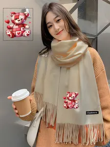 Patchwork teddy bear scarf with heart pattern, fashionable women's scarf, shawl, elegant scarf.