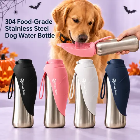 WaveTree Stainless Steel 2-in-1 Leakproof Dog Bowl & Water Bottle, BPA-Free Large Capacity 24 fl oz/710 ml/835 ml Portable Dispenser with Leakproof Seal, 1-Push Fill, Durable Flip-Top Bowl, Easy Care 1-Piece for Daily Walks, Road Trips