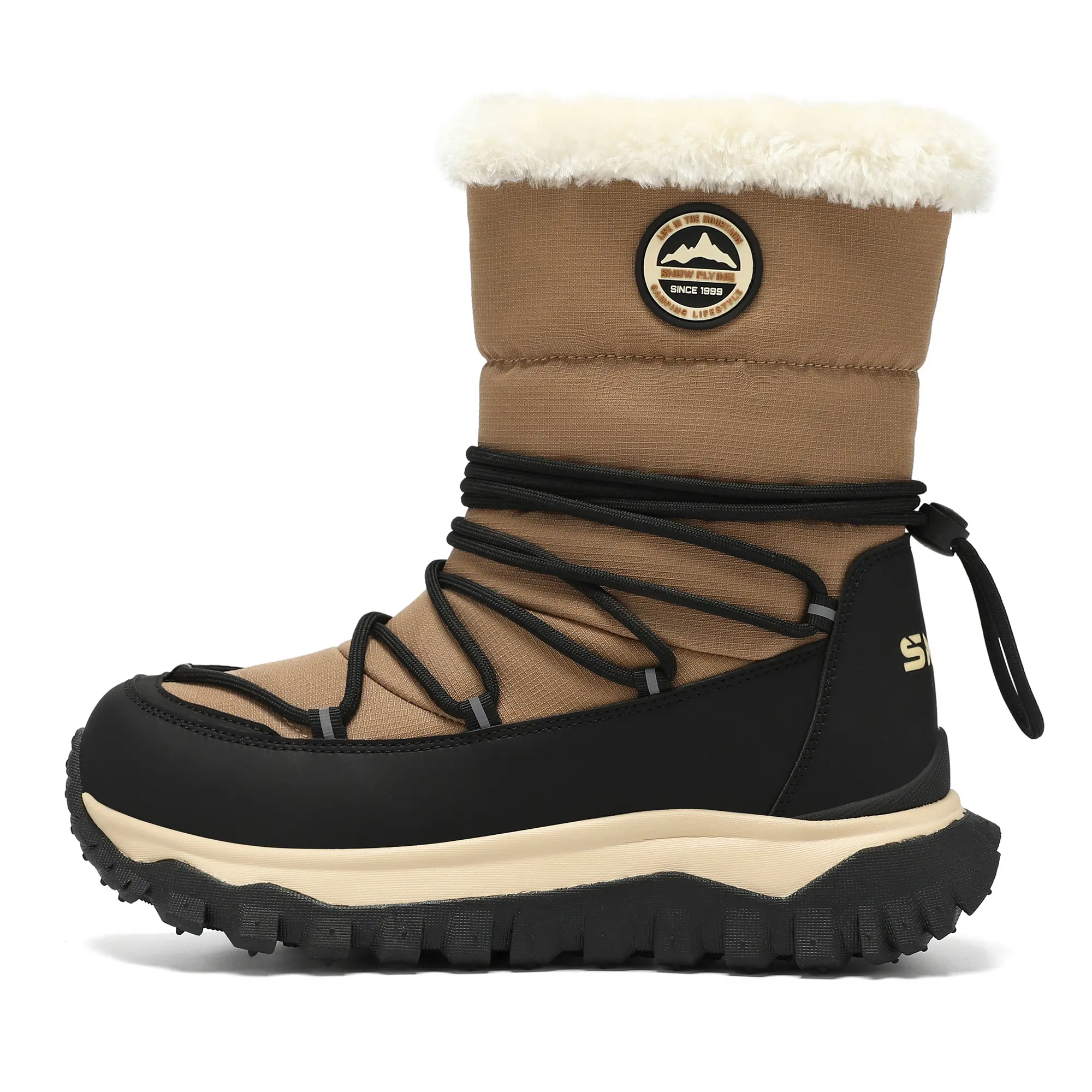 Mountain Trail Boots - Tan & Black Waterproof Hiking Boots with Faux Fur Lining and Secure Lacing System for Outdoor Adventures