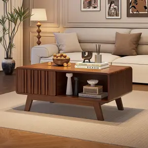 【SPOTLIGHT DAY】ONBRILL Coffee Table, Mid Century Modern Table with Storage Compartment, Fluted Table with Sliding Cabinet Door, Farmhouse Wood Coffee Table for Living Room