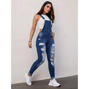 Women Vintage Inspired Ripped Distressed Overalls Whiskering Faded Relaxed Fit Soft Washed Comfortable Viscose Cotton Medium Blue Casual Daily Wear