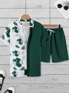 Men's Dark Green & White Tropical Floral Print Patchwork Home Casual Loungewear 2-Piece Set, Pajama Set, Pjs - Short-Sleeve Lapel Button-Down Shirt + Elastic Drawstring Waist Dark Green Shorts, Lightweight Breathable Fabric