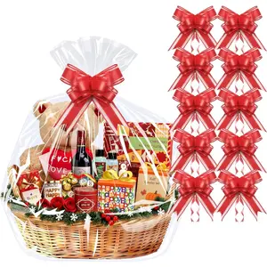 30x40 Inch Large Cellophane Bags for  Baskets with Red Ribbon Bows, 10 Pack Clear Plastic Basket Wrap with Decorative Ties for Birthday, Mother's Day, Wedding Present