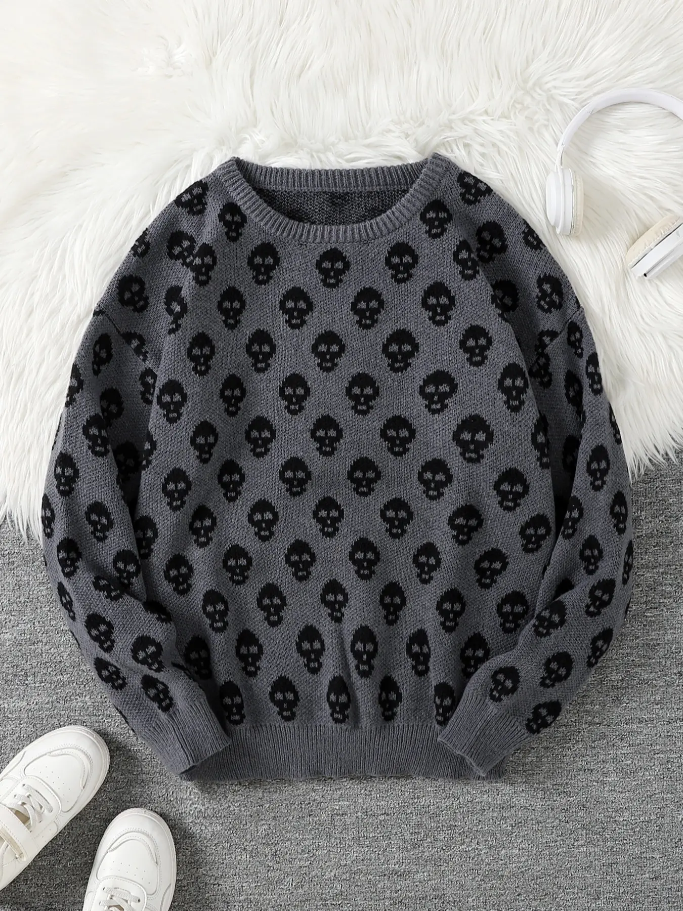 New Trendy Fall Winter Full Print Skull Knit Sweater, Casual Round Neck Pullover Tops for Men, Super Cool Winter Gift, Printed Pullover