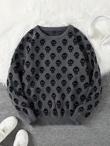 Men's Fitted All-Over Skull Pattern Sweater, Warm Knitwear for Fall & Winter, Casual Round Neck Pullover, Perfect Gift Idea