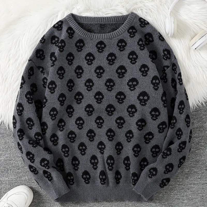 New Trendy Fall Winter Knitwear Full Print Skull Knit Sweater, Casual Round Neck Pullover Tops for Men, Super Cool Winter Gift, Printed Pullover