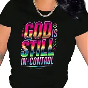 Men's Christian Quote Print T-Shirt - God Is Still In Control Design, Rainbow Gradient, Casual Everyday Comfortable Fabric,summerwins