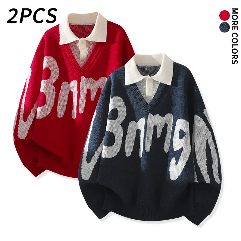 2pcs oversized knit pullover for men and women, big graphic design, faux two-piece polo collar winter sweater