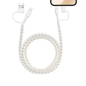 Pearl-Decorated Charging Cable for Cellphone - Comatible with All Devices USB-C and Lighting Interfaces 4-in-1 Date Cable, 3.3 Feet In Length, Ideal for Women for Charging, Available in Multiple Colors, Holiday Gifts, Christmas Gifts