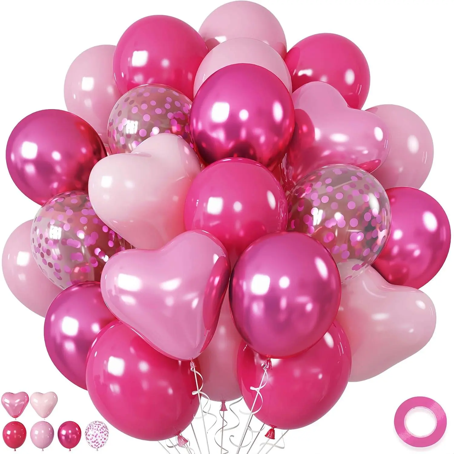 36-Piece 12in Natural Latex Biodegradable Metallic Pink Chrome Heart-Shaped Balloons Set - Dark Pink Confetti Balloons for Women, Valentine's Day, Anniversary, Baby Shower Decor, 36 Pieces, Inflatable With Confidence