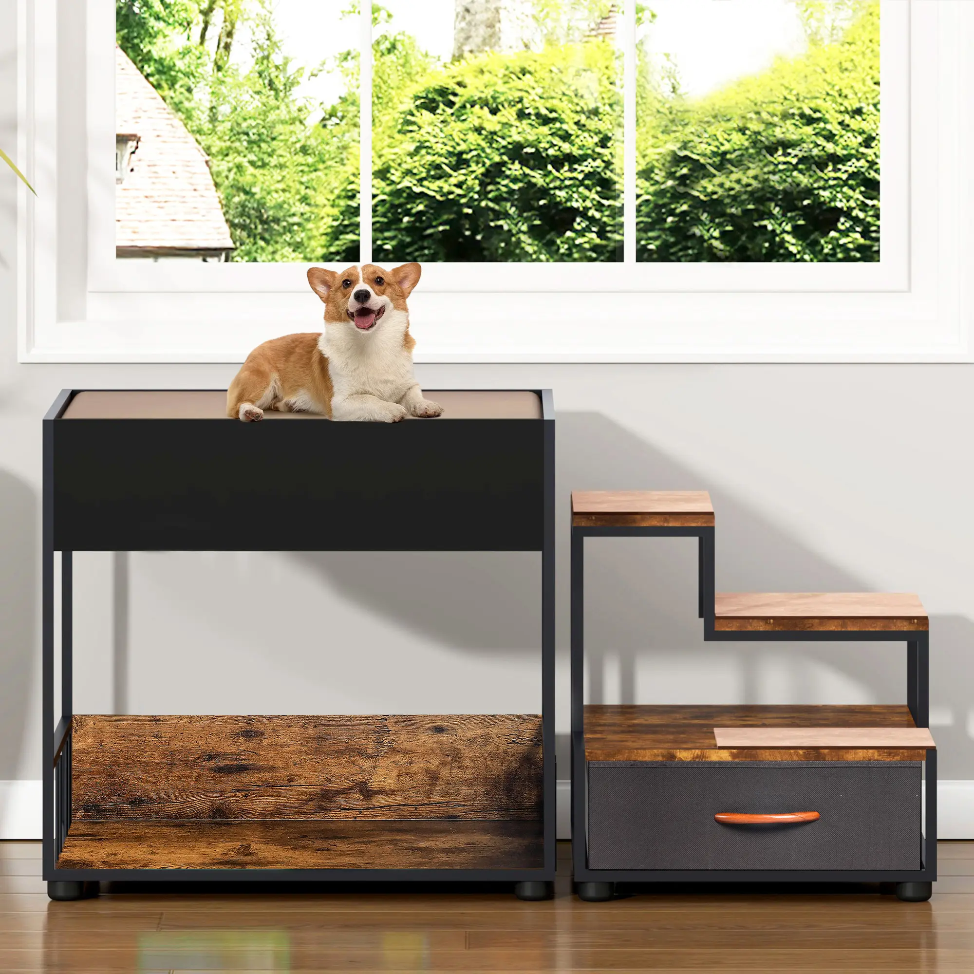 Pet Step Window Perch Bunk Beds for Dogs, Multi-Level Elevated Dog Bed Lounge Platform with Sponge Cushion, Non-Slip Pad, Storage, Vintage Style, Bedside Cat Window Seat, Indoor Furniture for Pets, Bedroom Furniture for Bedroom, Guest Room