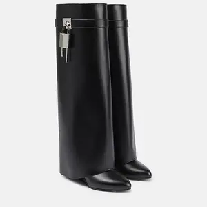 Foldable Chunky Knee High Boots - Black Leather with Silver Buckle Detail & Pointed Toe Design