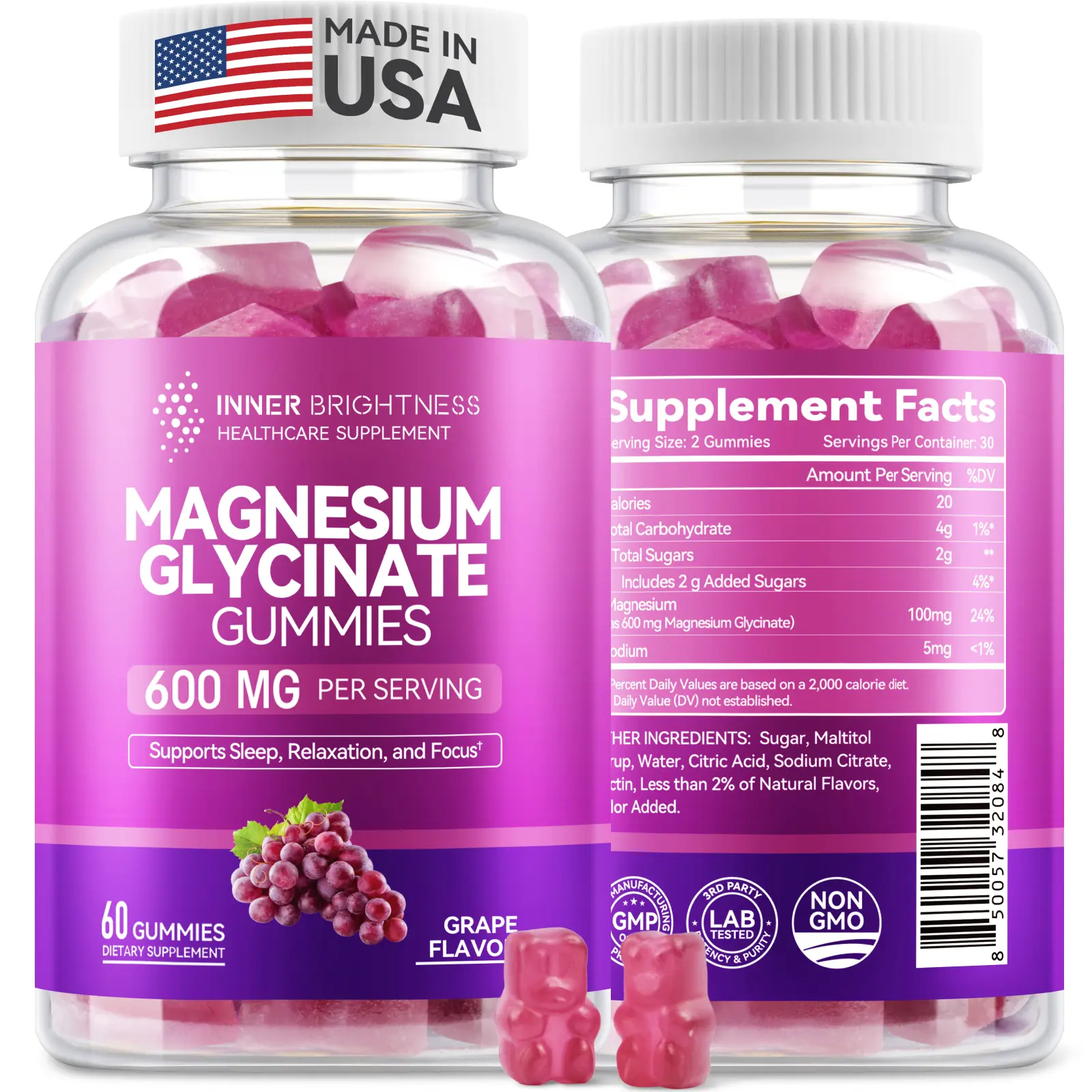Magnesium Glycinate Gummies 600mg, Non-GMO, Gluten-Free, Magnesium Gummies for Adults & Kids, Sleep, Relaxation & Focus, Grape Flavor, 60 Count