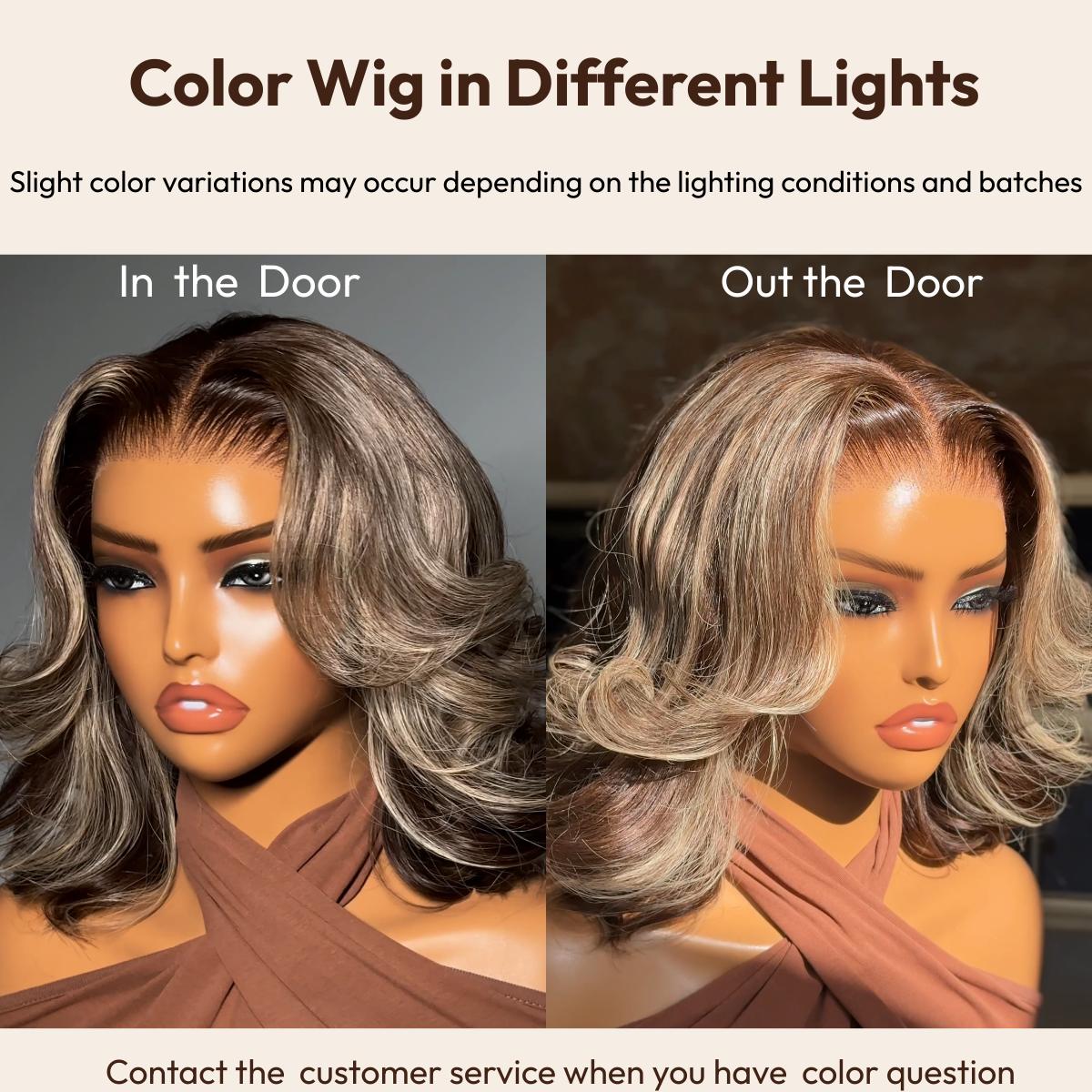 UNice Glueless Dark Brown with Honey Blonde Highlights Layered Cut Bob Wig Pre Cut 13x4 HD Lace Frontal Human Hair Loose Wave Wigs with Drawstring  Bleached Knots Beginners Friendly