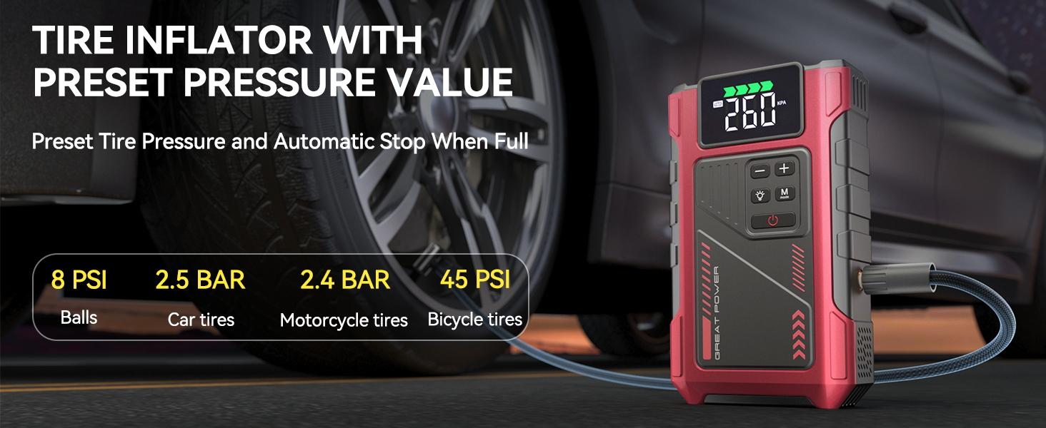 12000mAh Portable Jump Starter with Air Compressor, 150PSI, 12V Car Battery Jump Box, 8L Gas & 6.5L Diesel Engines, Wireless, Safe Clamps for Easy Use