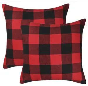 4TH Emotion Set of 2 Christmas Buffalo Check Plaid Throw Pillow Covers Cushion Case Polyester for Farmhouse Home Decor Red and Black, 18 x 18 Inches