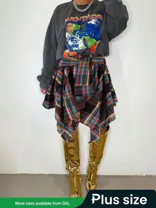 Plus Size Plaid Skirt for Women – High Waist Asymmetrical Hem Mini Skirt, Trendy Streetwear Outfit