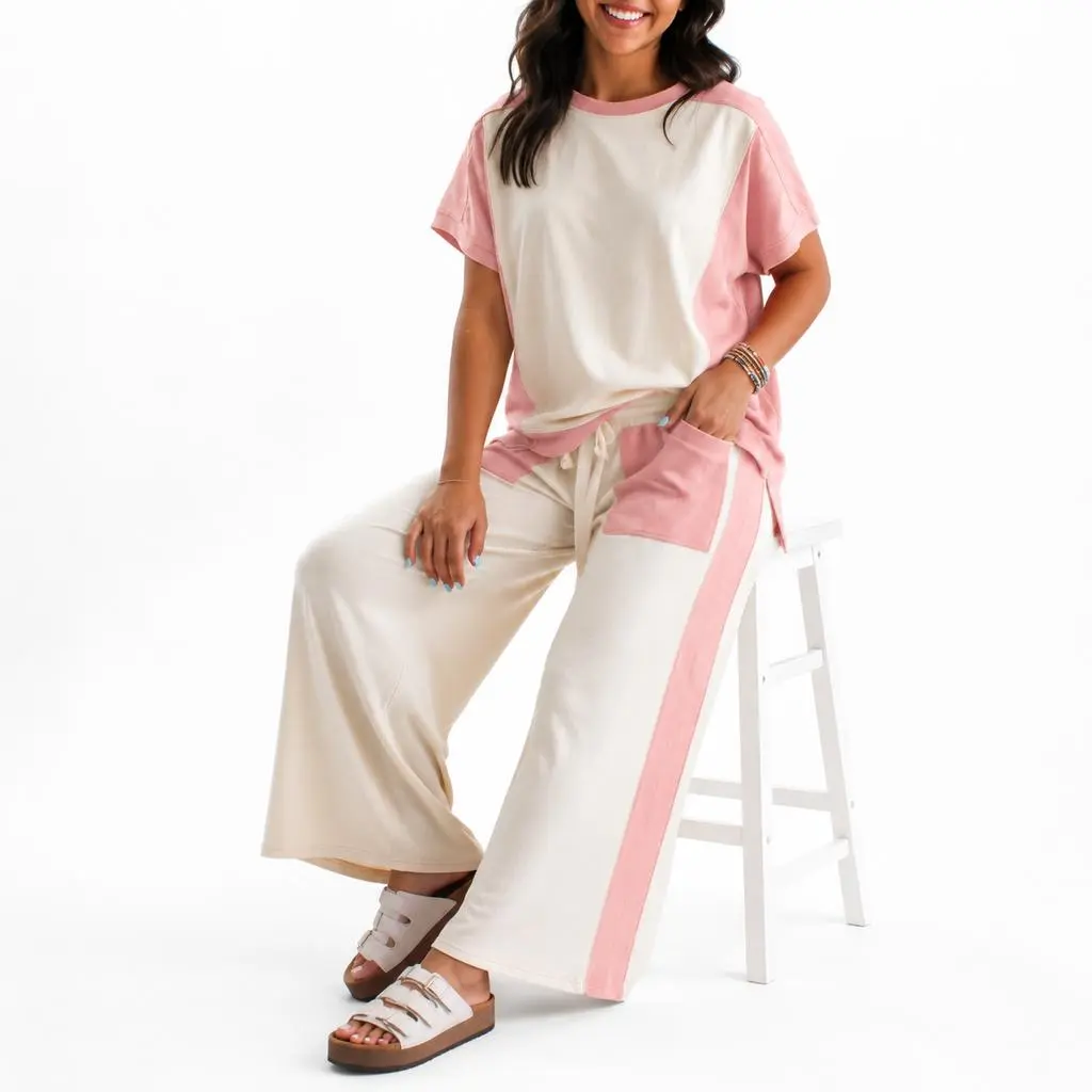 Women's 2-Piece Basic Fashion Apparel Outfits - Short-Sleeve Tee, Drawstring Loose Pant, White-Blush Pink Color Block Patchwork, Polyester-Cotton Soft Fabric Women's Clothes for Daily Wear, Shortsleeve, 2 Piece Sets, T Shirts Women