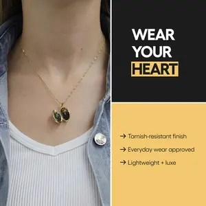 18K Gold Plated Locket Necklace with Cubic Zirconia Accents & Photo Slots Elegant Curb Chain Jewelry