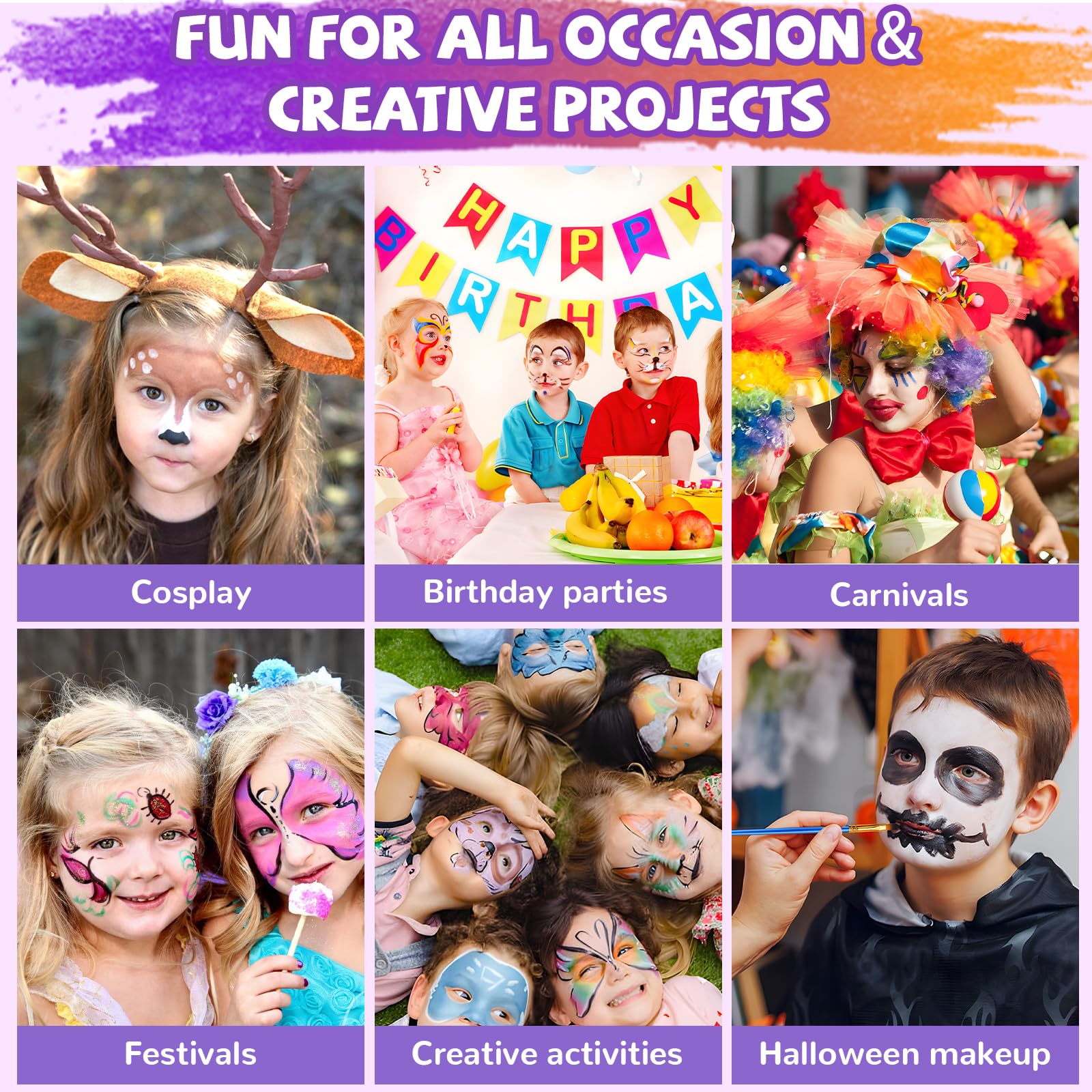 Professional Face Painting Kit for Kids 42 Color Water Activated Makeup with Stencils Gems Brushes for Halloween Parties Carnival School Event Festivals Non-Toxic Gentle Formula Coverage