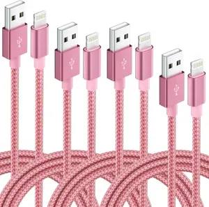 4-Pack Pink USB Charging Cable Set 3ft 6ft 6ft 10ft Nylon Braided for iPhone