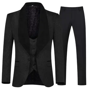 Men's Three-Piece Slim-Fit Tuxedo Set Comprising a Solid Shawl-Collar Jacquard Jacket, Matching Vest, and Button-Front Trousers