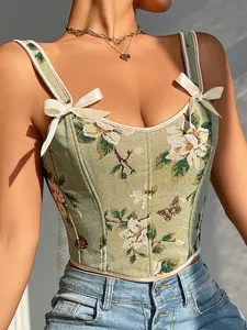 Women's Floral Print Lace Up Corset Structure Shapewear Tank Top, Fashionable Bow Decor Shapewear Top for Daily Wear, Tummy Control Shaper for Women