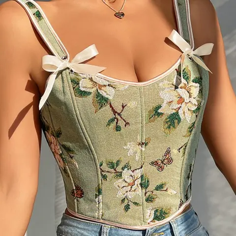 Women's Floral Print Lace Up Adjustable Corset Structure Shapewear Tank Top, Fashionable Bow Decor Shapewear Top for Daily Wear, Tummy Control Shaper for Women, Tummy Control Fit