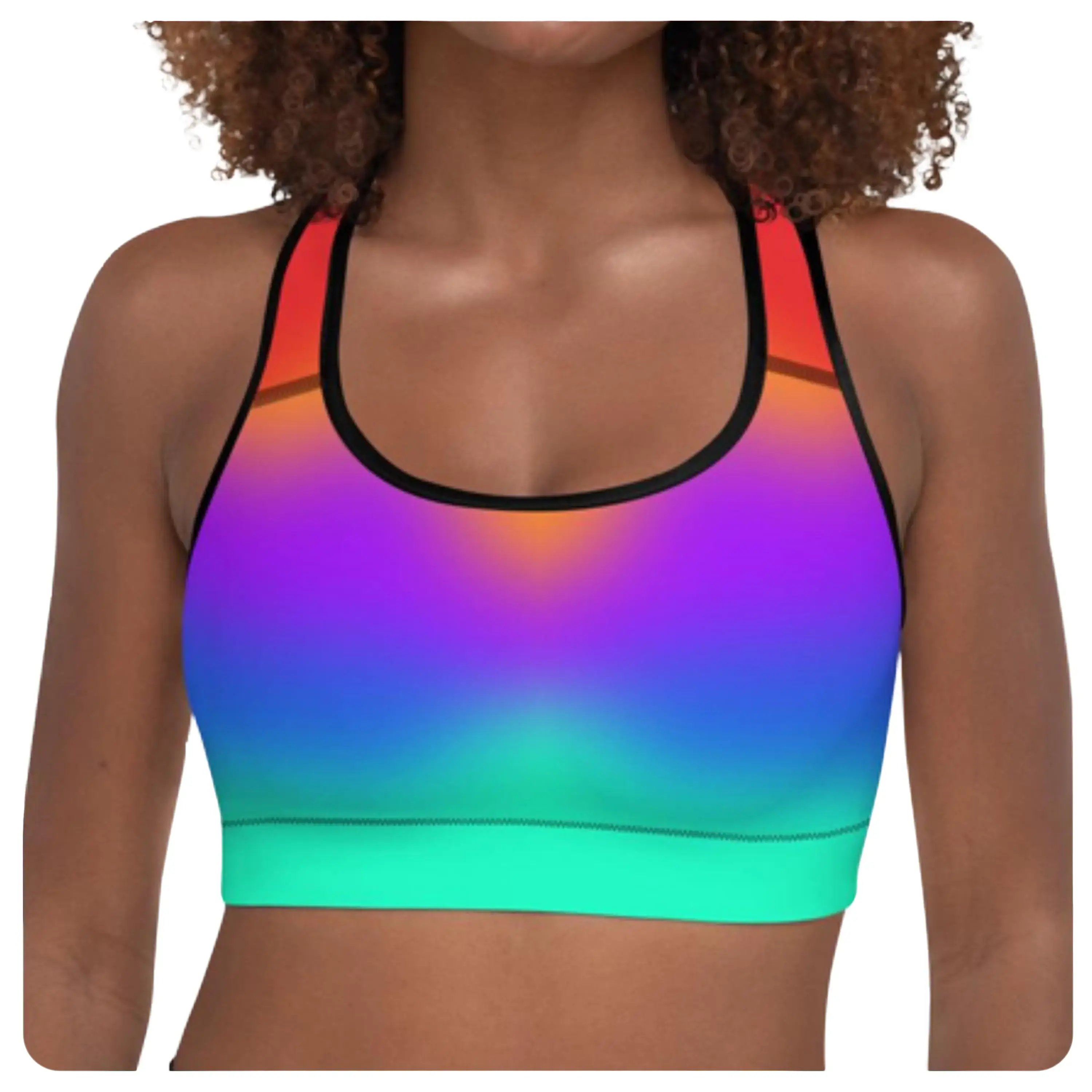 Ombre Sunset Sports Bra - Vibrant Gradient Dip Dyed Padded Racerback Red Orange Green Blue Rainbow Athletic Gym Workout Bralette Crop Top