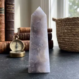 Natural Gray Plume Agate Crystal Obelisk Tower Point Polished Healing Stone for Energy, Balance & Spiritual Growth - RPO474