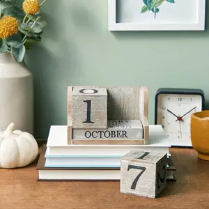 Wooden Perpetual Block Calendar for Desk, Rustic Farmhouse Office Decor