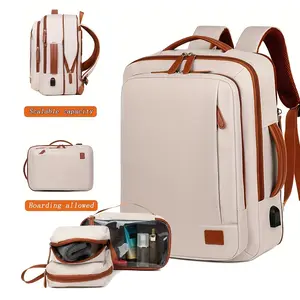 Expandable Large Capacity Backpack with Laptop Sleeve Durable Oxford Travel & School Bag with Wet/Dry Compartment, Adjustable Straps, and Handheld Design - Beige with Brown Accents, School Shoulder Bag|Sleek Design|Oxford Material, Travel Backpack