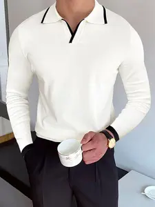 Men's Contrast Binding Polo Neck Sweater, Regular Fit Casual Long Sleeve Jumper for Fall & Winter, Men's Knitwear for Daily Wear, Fall Outfits, Fallfreshness, Menswear