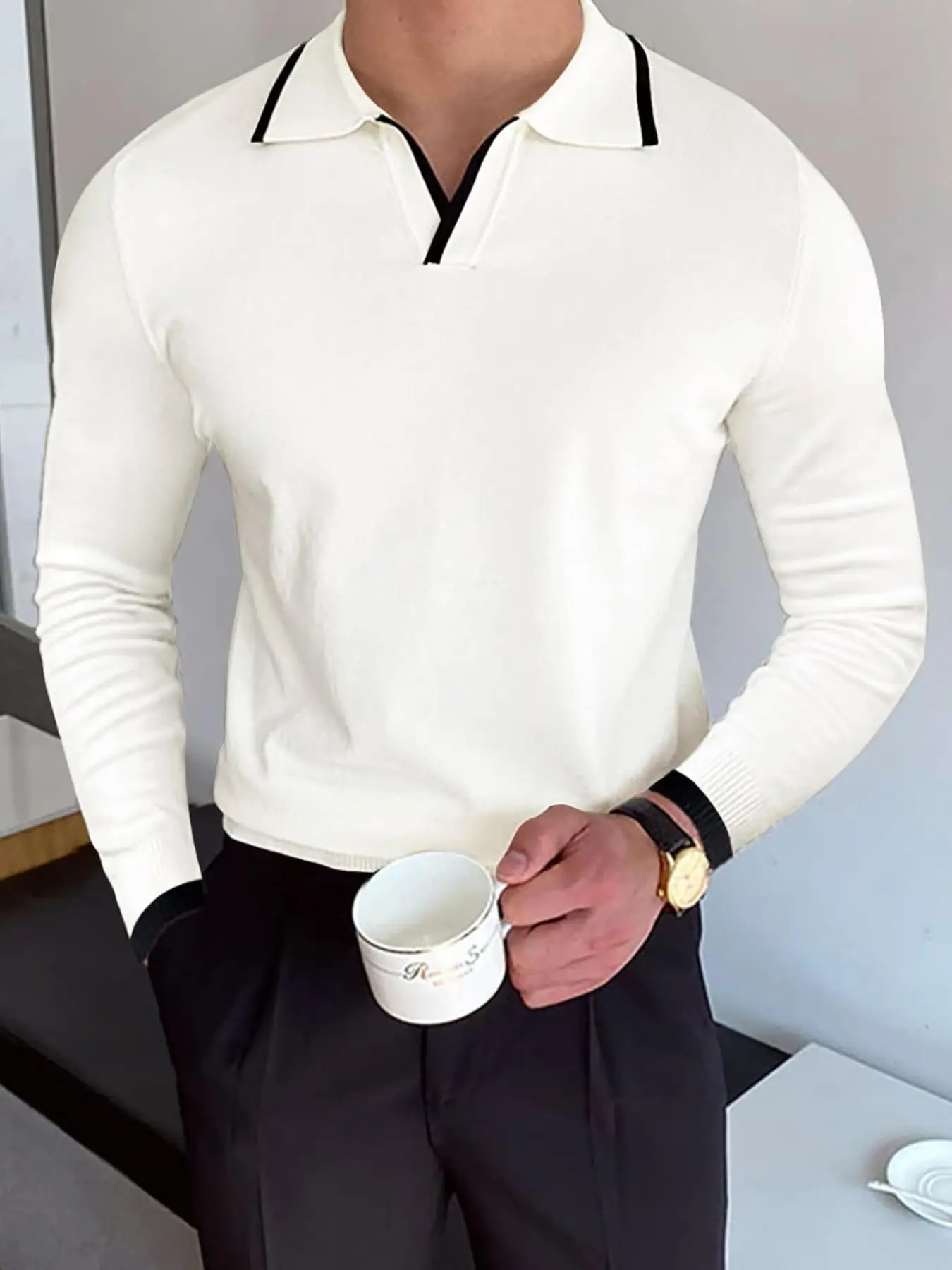 Men's Contrast Binding Polo Neck Sweater, Regular Fit Casual Long Sleeve Jumper for Fall & Winter, Men's Knitwear for Daily Wear, Fall Outfits, Fallfr