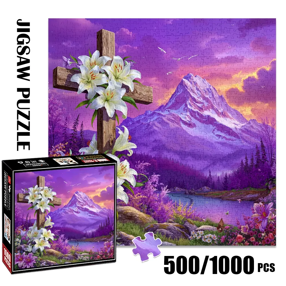 1pc 1000 piece adult puzzle 58x58cm Cross with Lilies, Mountain and Scenic Landscape 500 pieces paper jigsaw puzzle suitable for DIY creative games for adults and families, birthday and holiday stre