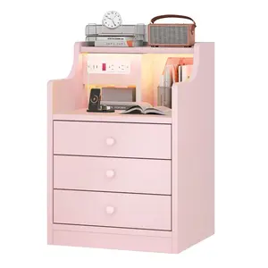 LED Nightstand with 3 Storage Drawers Pink