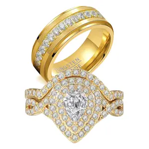 VOWSERING 1CT Pear CZ Wedding Ring Set for Women & Men Yellow Gold Plated Bridal Couple Rings Tungsten Ring Wedding Band with 1CT CZ Stones and Hypoallergenic Finish