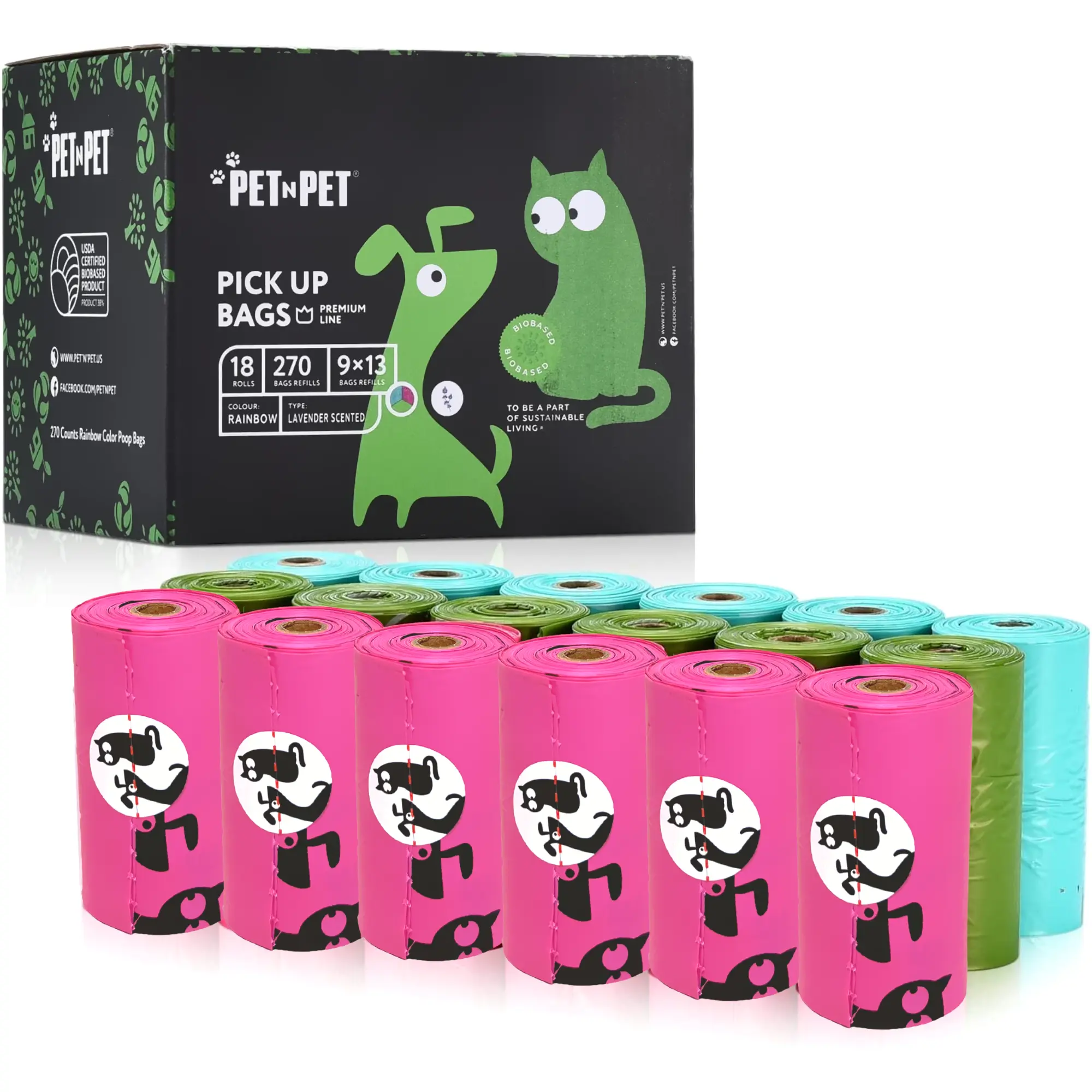 PET N PET Lavender Scented Dog Poop Bags, 41% Plant-Based, 270 Count, Waste Bag Refills for Dogs