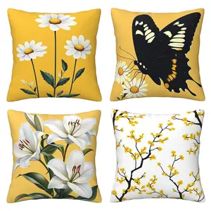Daisy Pillow Set Butterfly Yellow Modern Flower Natural Decoration Pillow Set Holiday Decoration Sofa Bench Farmhouse Home Furnishings, 4-piece Set Double sided Printing Home Textile