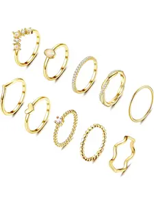 10 Pcs Rings Set for Women - 14K Gold Plated Dainty Stacking Rings, Non-Tarnish CZ Opal Thumb Rings, Wedding Band, Engagement Promise Ring Jewellery, Fashion Rings