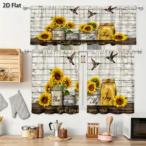 3pcs 2D Flat, 2D Flat 3pcs Set Sunflower Hummingbird Joy Text Theme Curtain Set Summer Kitchen Decoration High Quality Curtains Kitchen Curtains., 2D Flat